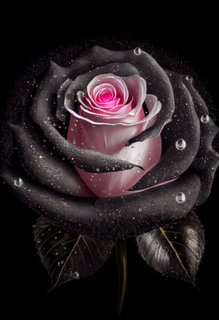 a pink rose with water droplets on it's petals and leaves on a black background with a black background. .の写真素材