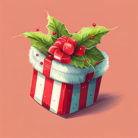 a christmas present with holly leaves and red bows on a pink background with a red and white striped box. .の写真素材