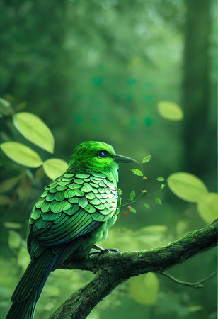 a green bird sitting on a branch in a forest with leaves on it's back end and a green background. .の写真素材