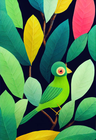 a painting of a green bird sitting on a tree branch with leaves surrounding it and a red eye on the eye. .の写真素材