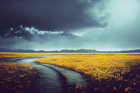 a river running through a field of yellow flowers under a cloudy sky with mountains in the distance and a dark sky. .の写真素材