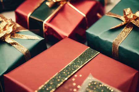 a group of wrapped presents with gold ribbon and bows on them. .の写真素材