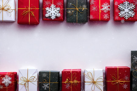 a group of presents wrapped in red and black paper with snowflakes on them and bows on the top. .