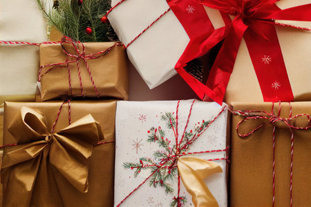 a group of wrapped presents with bows and ribbons on them. .
