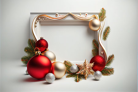 a picture frame with christmas ornaments and a fir tree branch in the corner of the frame is a white...