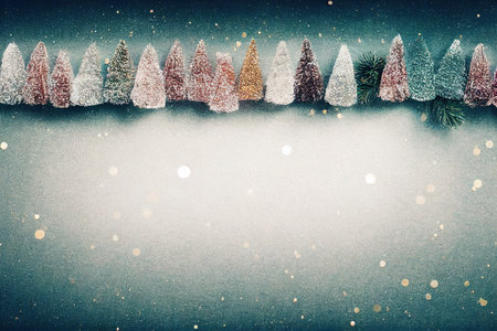 a row of small trees with a white background and snow flakes on them. .
