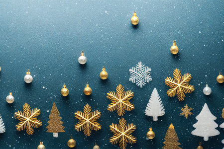 a group of christmas ornaments on a blue surface with snowflakes and trees on it. .