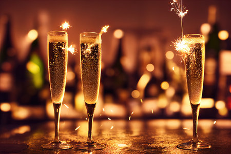 three champagne flutes with sparklers in them on a table with a blurry background of bottles and...
