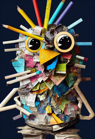 a pile of colorful scissors and colorful decorations on a pile of papers.の写真素材