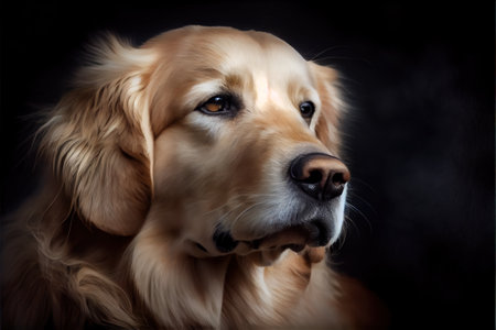 a dog with a black background is looking at the camera with a sad look on his face and eyes. .の写真素材