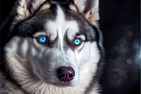 a husky dog with blue eyes looking at the camera with a serious look on his face and nose. .