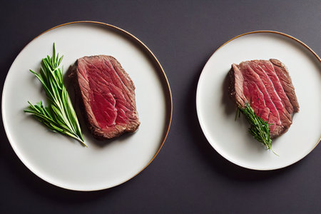 two with steak and green beans on them on a table top with a black background and a black table. .の写真素材