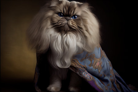 a cat with a blue eyes and a blue cape on it's back legs. .の写真素材