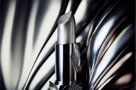 a close up of a lipstick with a shiny silver finish on it's lip and a black and white background. .の写真素材