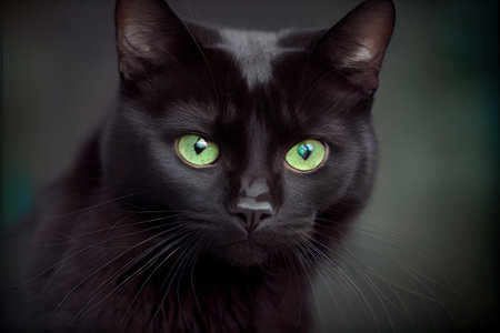 a black cat with green eyes looking at the camera with a serious look on its face and chest. .の写真素材