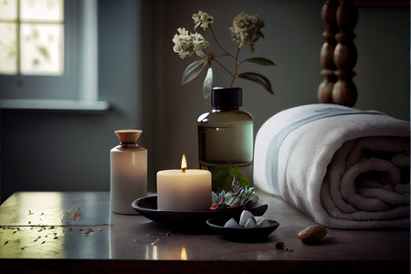 a table with a candle. .の写真素材