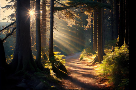 a path in the woods with the sun shining through the trees and the sun shining through the trees on the side. .の写真素材
