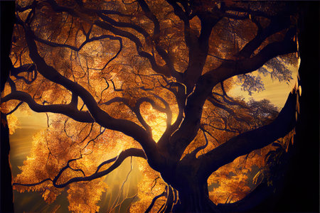 a tree with yellow leaves in the sunlight with a sky background with clouds and sun beams coming...