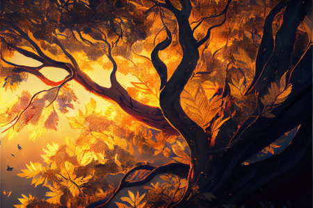 a painting of a tree with yellow leaves and a bird flying by it's side in the sky. .の写真素材