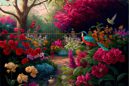 a painting of a bird in a garden with flowers and birds flying around it and a fence in the background. .の写真素材