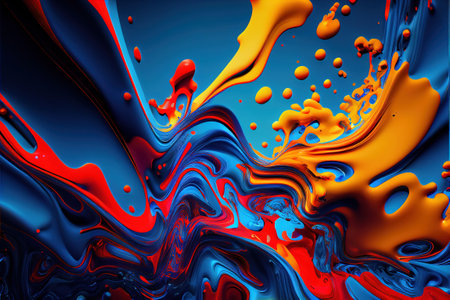 a colorful abstract painting with a blue background and red and yellow colors on it's surface. .