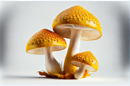 three mushrooms are sitting on the ground together. .の写真素材