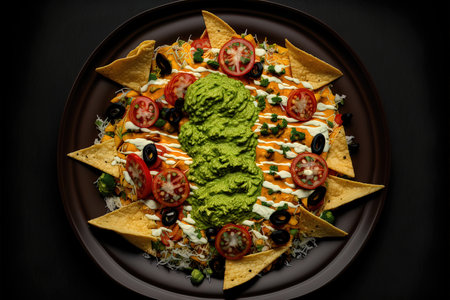 a plate of nachos with guacamole and tomatoes on top of it with a guacamole sauce. .の写真素材