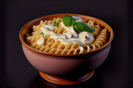 a bowl of pasta with cream sauce and a green leafy garnish on top of it. .の写真素材