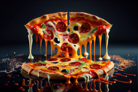 a pizza with melted cheese and toppings on a table with a slice missing from it and a slice missing from it. .の写真素材