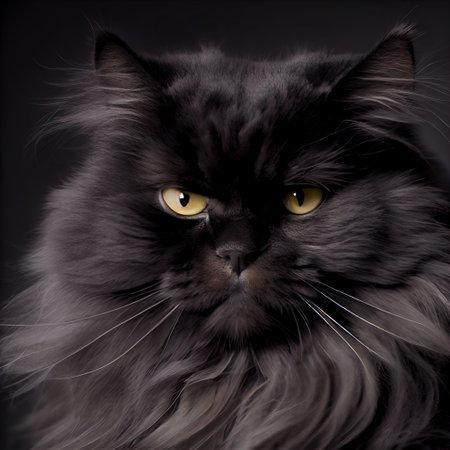 a black cat with yellow eyes looking at the camera with a black background and a black background with a black background. .の写真素材