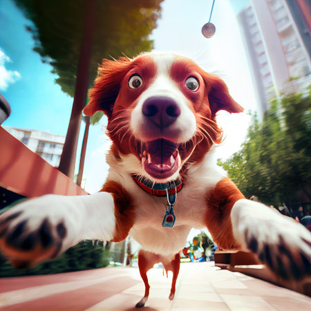 a dog is jumping up and down a sidewalk with his paws out and his mouth wide open. .の写真素材