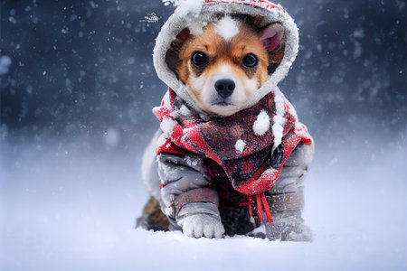 a dog wearing a coat and scarf in the snow with a hat on it's head and scarf around its neck. .の写真素材