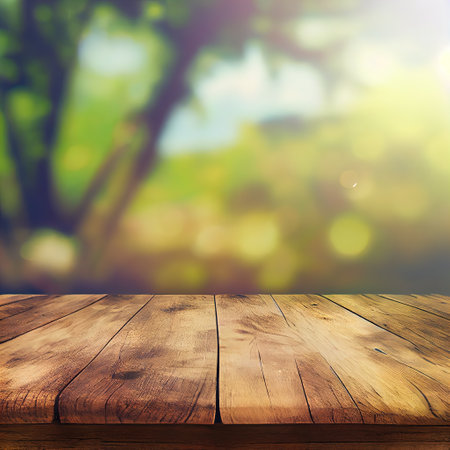 a wooden table top with a blurry background of trees in the background and a bokeh of light. .
