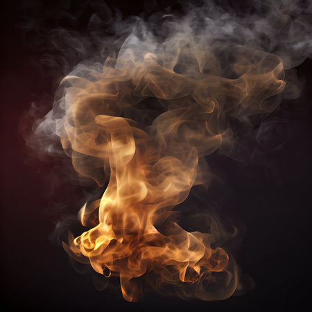 a fire is shown with smoke coming out of it's back end and a black background with a red light. .の写真素材