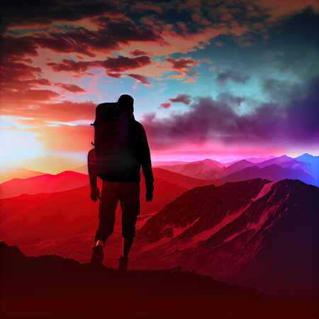 a man with a backpack standing on a mountain top at sunset with a colorful sky in the background and a colorful cloud. .の写真素材