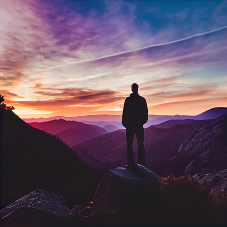 a man standing on top of a mountain at sunset with a view of the mountains behind him and a purple sky. .の写真素材
