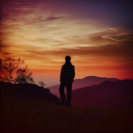 a person standing on a hill at sunset with a view of the mountains behind them and a tree in the foreground. .の写真素材