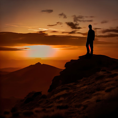 a man standing on top of a mountain at sunset with the sun setting behind him and the clouds in the sky. .の写真素材