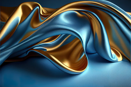 a blue and gold silk fabric with a blue background and a gold stripe on the bottom of it. .の写真素材