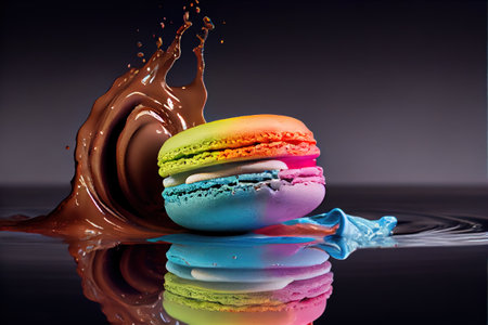 a colorful macaroon falling into a puddle of chocolate sauce on a black surface with a reflection of it. .の写真素材
