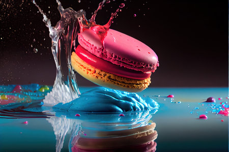 a macaroon falling into a puddle of water with a splash of water on it and a splash of water on the ground. .の写真素材