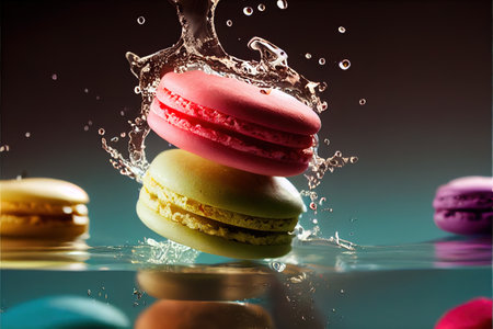 a stack of macaroons with water splashing on them and a splash of water on the top. .の写真素材