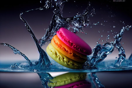 a rainbow colored macaroons is splashing in the water with a splash of water on it's surface. .の写真素材