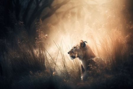 a picture of a lion in a field of tall grass with the sun shining through the trees behind it and the light coming through the branches. .の素材
