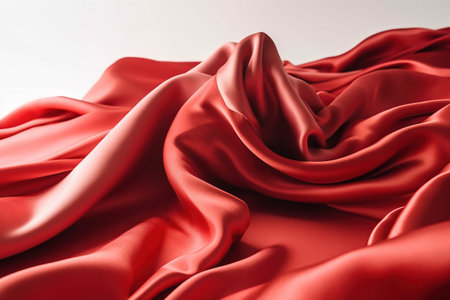 a close up of a red cloth with a white background in the middle of the image is a very large amount of red fabric with a very long, wavy, flowing fabric. .の素材