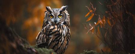 an owl with yellow eyes sitting on a tree branch in a forest with orange leaves in the foreground and a blurry background of foliage. .の素材