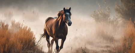 a brown horse running through a field of tall grass and trees in the foggy morning light of the morning, with a black horse running in the foreground. .の素材