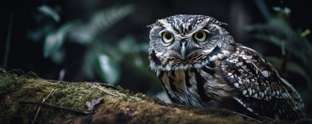 an owl is sitting on a mossy branch in the dark forest, looking at the camera with a serious look on its face and eyes. .の素材