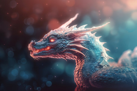 a close up of a dragon with red eyes and a black body with a blue body and a red head and a black body with red eyes. .の素材