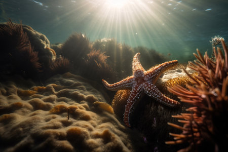 Starfish on a coral reef in the Caribbean Sea with sun raysの素材